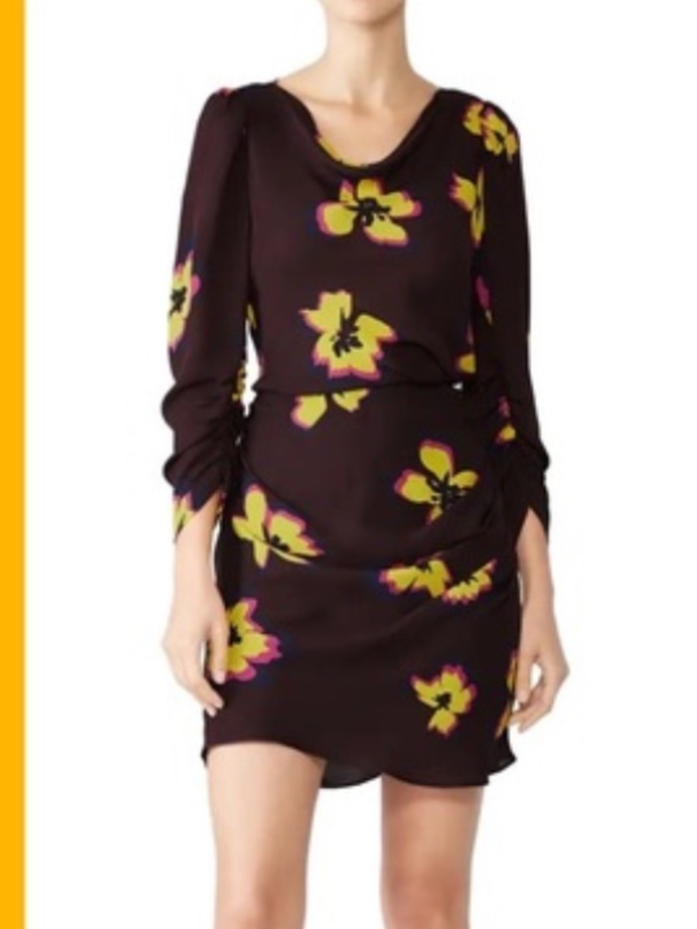 A.L.C. 100% silk chocolate brown grace floral mini dress ruched SZ 2 EUC